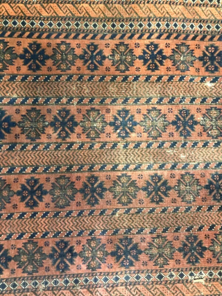 Antique tribal Baluch rug 3' x 4'6" with interesting and unusual pattern. Rug still has one of its original kilim endings. Rug has thin pile and some obvious signs of wear, but  ...