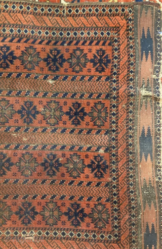 Antique tribal Baluch rug 3' x 4'6" with interesting and unusual pattern. Rug still has one of its original kilim endings. Rug has thin pile and some obvious signs of wear, but  ...