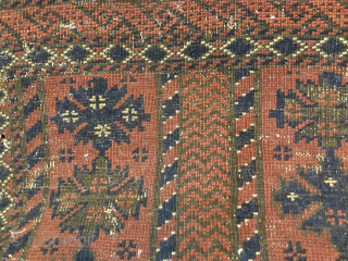 Antique tribal Baluch rug 3' x 4'6" with interesting and unusual pattern. Rug still has one of its original kilim endings. Rug has thin pile and some obvious signs of wear, but  ...