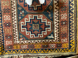 Antique Gendje Caucasian rug with Memling gul design, 4'4" x 8'5," with good pile. Contact me directly with inquiries l_g_gerber@yahoo.com             