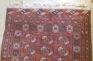 Wonderful full pile Turkoman Tekke (from Turkmenistan in old USSR) in great condition. Has beautiful green highlights. 4'3" x 6'4". Rug weighs 15 pounds.         