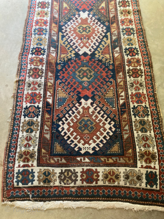 Antique Caucasian (Gendje?) 3'6" x 10'11". Good pile for age with one slit a few inches long (see photo). Contact me directly at l_g_gerber@yahoo.com         