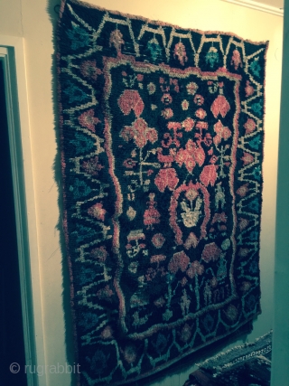 Old Finnish double sided ryijy rug, dated 1797, 191x139 cm. Due to corrosion there is a lot of repiling in mostly the dark ground.
The weave on the back, seen in the two  ...