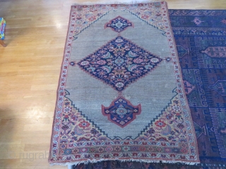 Antique Bidjar area vagire/rug, 160x110 cm. More or less low pile, some restauration and reduced at one side, nice colours and patina. Not as stiff as the normal Bidjar rug.   