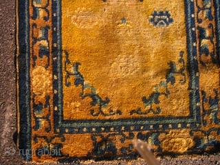 Small abused late 18th. c. Ningxia rug, it has glue on the back, nice colours.                  