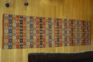 Half blanket, probably second half 19th century, Sweden, Scania, probably Wemmenhög, 199x53 cm. nice colours and condition, a small hole at one end but nothing serious.
Weft-faced plain weave with extra-weft patterning, linen  ...