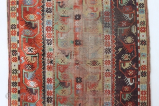 Antique Melas rug, 155x99 cm. good colours and a very nice old looking border. A lot of wear in the center, a dark spot and a 20 cm. long slit at the  ...