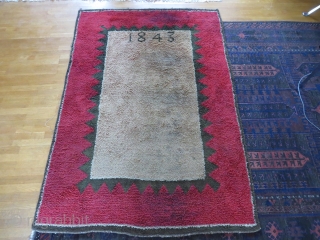 Finnish ryijy rug, 189x130 cm. Good condition for age, it has little wear and some spots, both in the field end the red border. Nice repair on the back.    