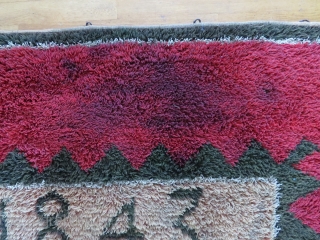 Finnish ryijy rug, 189x130 cm. Good condition for age, it has little wear and some spots, both in the field end the red border. Nice repair on the back.    