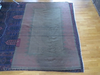 Finnish ryijy rug, 189x130 cm. Good condition for age, it has little wear and some spots, both in the field end the red border. Nice repair on the back.    