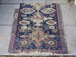 Soumak fragment, 101x93 cm. Very old with good colours and nice border. It has a lot of wear a few holes and some repair. Last picture is the back.    