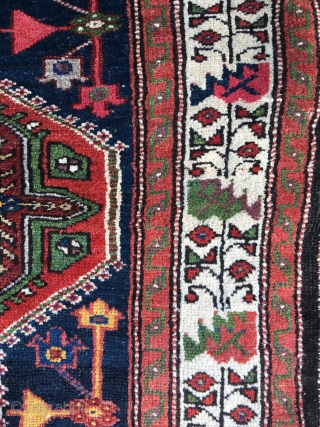 Old Harchegan hassan khani rug, Chahar-Mahal, 214x140 cm. made 1920-1930. Very good colours in this all wool rug. OK condition for age but some former owner have painted the warps blue in  ...