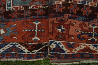 Old dated Konya area rug, 1250/1834 or 1256/1840, woven in two halfes, 167x150, holes,a few old restauration and corrosion in some of the brown areas.
Metal tread high lights in the dated half. 