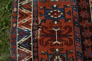 Old dated Konya area rug, 1250/1834 or 1256/1840, woven in two halfes, 167x150, holes,a few old restauration and corrosion in some of the brown areas.
Metal tread high lights in the dated half. 