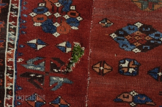 Old dated Konya area rug, 1250/1834 or 1256/1840, woven in two halfes, 167x150, holes,a few old restauration and corrosion in some of the brown areas.
Metal tread high lights in the dated half. 