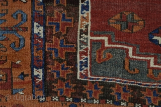 Old dated Konya area rug, 1250/1834 or 1256/1840, woven in two halfes, 167x150, holes,a few old restauration and corrosion in some of the brown areas.
Metal tread high lights in the dated half. 