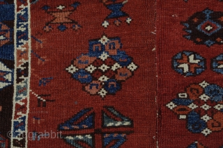 Old dated Konya area rug, 1250/1834 or 1256/1840, woven in two halfes, 167x150, holes,a few old restauration and corrosion in some of the brown areas.
Metal tread high lights in the dated half. 