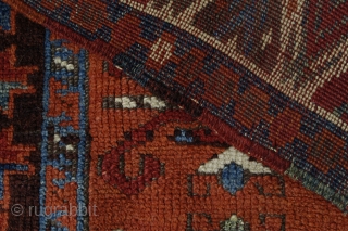 Old dated Konya area rug, 1250/1834 or 1256/1840, woven in two halfes, 167x150, holes,a few old restauration and corrosion in some of the brown areas.
Metal tread high lights in the dated half. 