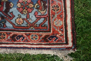 Old Persian rug, perhaps kurdish, Hamadan maybe, 380x220 cm. nice even wear, colours looks ok, some fading in green and yellow, lovely dark blue field. The ends need to be secured.  