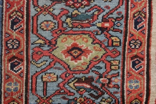 Old Persian rug, perhaps kurdish, Hamadan maybe, 380x220 cm. nice even wear, colours looks ok, some fading in green and yellow, lovely dark blue field. The ends need to be secured.  