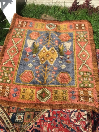 Finnish ryijy rug early 20th. c. Perhaps sold by the Finnish Handicraft, or at least the yarn. They usually has cotton warps but this one has linen warps. It´s a copy of  ...