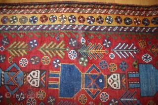 Qashqai pictoral rug, 260x160 cm, around 1900, related to a yellow ground rug published in Hali several times by John T Wertime. Hali issue 126 side 37 and Hali Issue 64 side157.  ...