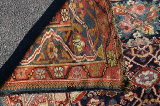 Probably antique and made somewere in NW Persia I guess, Kurdish I think and a lot of different colours, that´s for sure, some fading in the yellow, 310x140-154 cm.
Nice even wear, but  ...