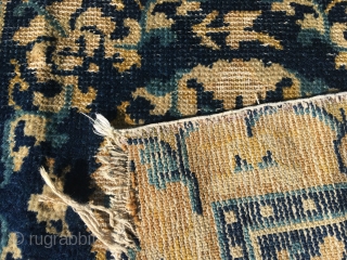 Two Chinese, probably Ningxia, squares from late 18th c. Rough condition, good colours and lovely wool.                 