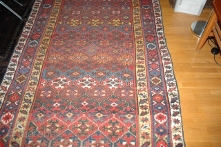 Antique NW Persia, Kurdish rug, 140x253cm.
Weare to the field, OK colours, sides not original.
A lot of rug for not so much money.           