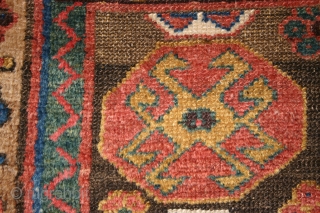 Old Kurdish all wool rug, 115x178 cm.
Great, shiny wool and some nice corrosion and wear.
Lovely green colour.
Two corners has lost some knots.
Rug has no repairs.        