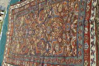 Old Kurdish Sauj Bolagh rug with corrosion and partly hairy, woolly back, 138x209 cm.
Fine, silky wool and some very good colours, one orange, it´s not so much of it, looks a little  ...