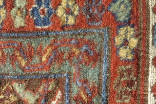 Old Kurdish Sauj Bolagh rug with corrosion and partly hairy, woolly back, 138x209 cm.
Fine, silky wool and some very good colours, one orange, it´s not so much of it, looks a little  ...