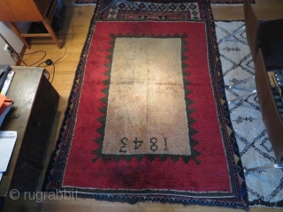 Finnish ryijy rug dated 1843, 189x130 cm. Good condition for age, it has very little wear and some spots, both in the field and the red border. Rug is washed but could  ...