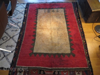 Finnish ryijy rug dated 1843, 189x130 cm. Good condition for age, it has very little wear and some spots, both in the field and the red border. Rug is washed but could  ...