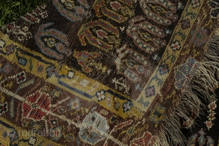 Very strange and exiting NW Persian rug, perhaps mid 19th c. with the most beautiful border and very good colours. Reduced at one end, 315x106 cm.
Some irregular knoting, mostly good pile and  ...