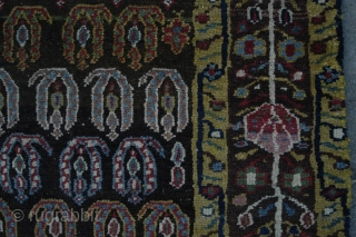 Very strange and exiting NW Persian rug, very good colours and a lot of them. Reduced at one end, 315x106 cm.
Some irregular knoting, mostly good pile and four restored areas, the biggest  ...