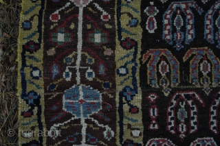 Very strange and exiting NW Persian rug, very good colours and a lot of them. Reduced at one end, 315x106 cm.
Some irregular knoting, mostly good pile and four restored areas, the biggest  ...