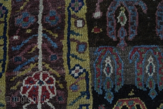 Very strange and exiting NW Persian rug, very good colours and a lot of them. Reduced at one end, 315x106 cm.
Some irregular knoting, mostly good pile and four restored areas, the biggest  ...