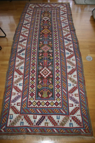 East Caucasus 1870-1880, 114x282 cm. new ends, about 5 centimeters, sides looks original. Nice colours and some corrosion in the olive green. a useful and beautiful rug.      