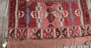From Sonny Berntssons collection:
No 970 antique Anatolian Kilim fragment, Mut area?
127 x 250 cm. Mounted on fabric.
See detail photos of repair and damage.
More info if you ask.
NOTE: E-mails are not always delivered  ...