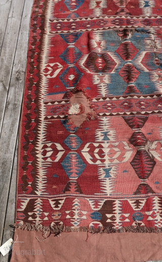 From Sonny Berntssons collection:
No 970 antique Anatolian Kilim fragment, Mut area?
127 x 250 cm. Mounted on fabric.
See detail photos of repair and damage.
More info if you ask.
NOTE: E-mails are not always delivered  ...