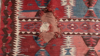 From Sonny Berntssons collection:
No 970 antique Anatolian Kilim fragment, Mut area?
127 x 250 cm. Mounted on fabric.
See detail photos of repair and damage.
More info if you ask.
NOTE: E-mails are not always delivered  ...