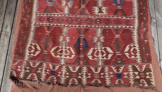 From Sonny Berntssons collection:
No 970 antique Anatolian Kilim fragment, Mut area?
127 x 250 cm. Mounted on fabric.
See detail photos of repair and damage.
More info if you ask.
NOTE: E-mails are not always delivered  ...