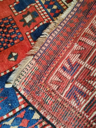 Antique karapchov. 1870.
Full pile.
Full saturéd vegetable colors. 
Two old unbelievable great repairs made in kazak style weaving.
210x130cm                