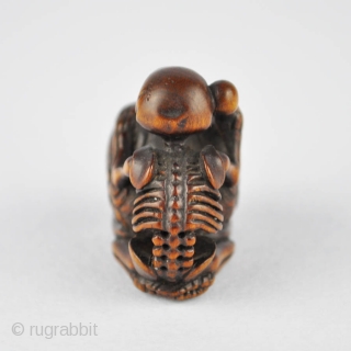 Japanese wood netsuke finely carved with the skeleton of the priest Danka beating the mokugyo, 
the wooden bell used in the Buddhist liturgy. The himotoshi ringed in horn. Signed: Juzan 寿山
19th century.  ...