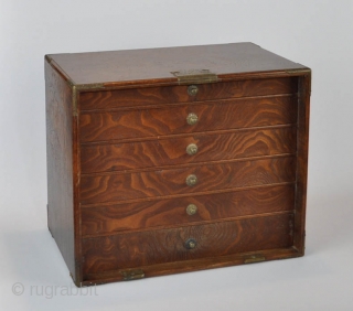 Japanese fine keyaki wood (zelkowa) collector cabinet with engraved brass lock and fitting. 
With detachable front door and six internal drawers for storage of inro, netsuke or tsuba. 
 
19th or early 20th century
 
27x33x19 cm.
 
Five  ...