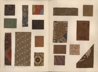 A Japanese album with a collection of Japanese brocade fragments. Fifty examples pasted on five pages.  The album mid 20th century, the textiles 18th-19th century.
Size 26x18 cm. Very good conditions.  