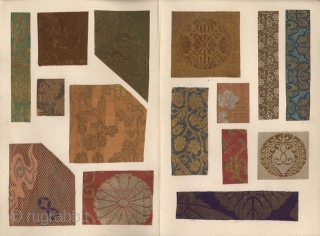 A Japanese album with a collection of Japanese brocade fragments. Fifty examples pasted on five pages.  The album mid 20th century, the textiles 18th-19th century.
Size 26x18 cm. Very good conditions.  
