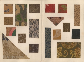 A Japanese album with a collection of Japanese brocade fragments. Fifty examples pasted on five pages.  The album mid 20th century, the textiles 18th-19th century.
Size 26x18 cm. Very good conditions.  