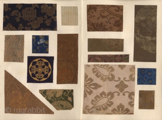 A Japanese album with a collection of Japanese brocade fragments. Fifty examples pasted on five pages.  The album mid 20th century, the textiles 18th-19th century.
Size 26x18 cm. Very good conditions.  